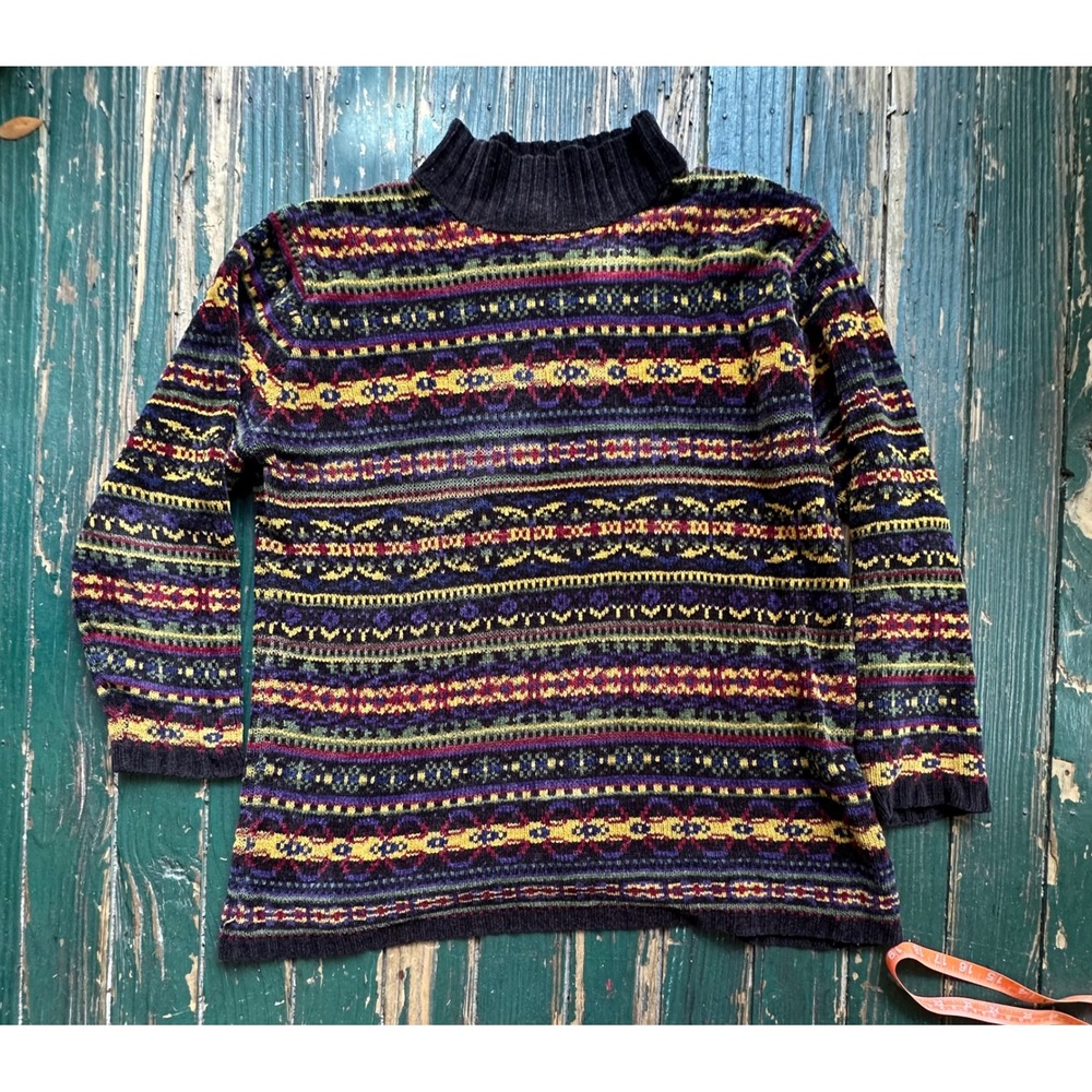Vintage Segue Chenille Fair Isle Mock Neck Sweater Purple Yellow Red Medium
